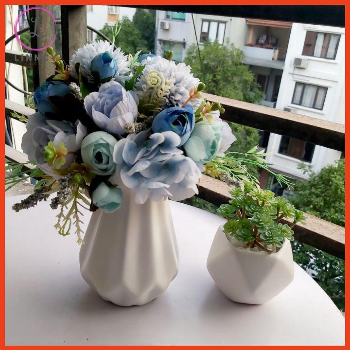 Bình hoa mix nhân tạo tông hồng, xanh cao 28cm trang trí nhà cửa, cửa hàng, văn phòng, lớp học