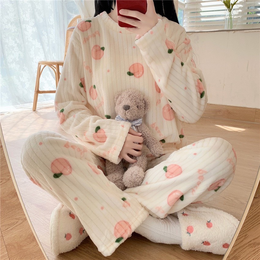 [ Hot loại 1 ] Bộ mặc nhà nỉ lông  hoạ tiết trái đào mềm siêu ấm áp, bộ ngủ lông cừu mẫu mới 2022