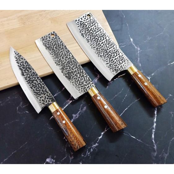 Bộ 2 Dao Chặt, Thái nhà bếp Rèn Từ Thép Nhíp ô tô Dập Vân 2 Mặt Cao Cấp - Cán Cẩm Chỉ Khâu Đồng