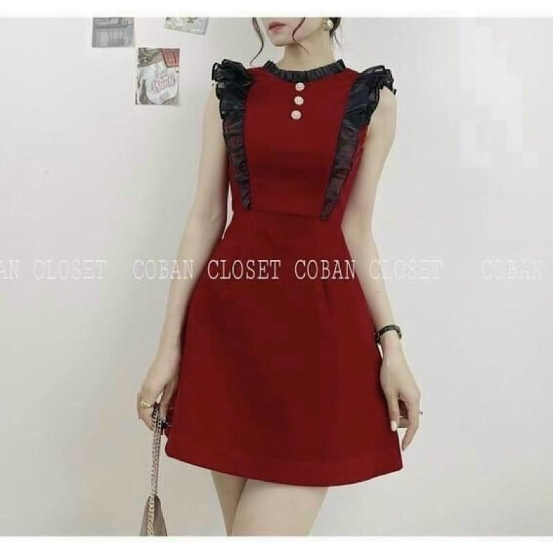 Đầm đỏ cánh tiên viền bèo đen cổ đính nút sang trọng siêu đẹp