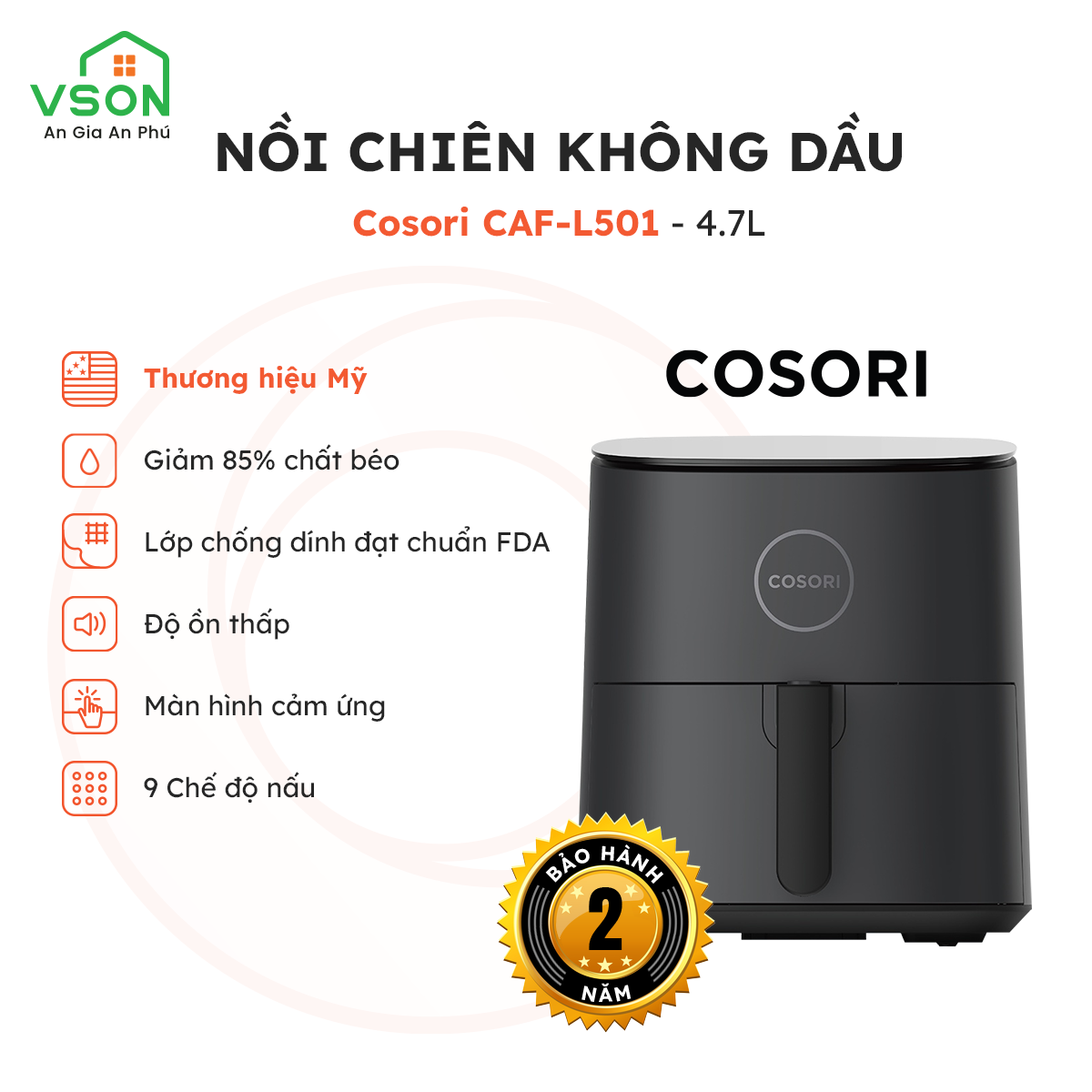 Nồi Chiên Không Dầu Thương Hiệu Mỹ COSORI CAF-L501 4.7L - Hàng Chính Hãng