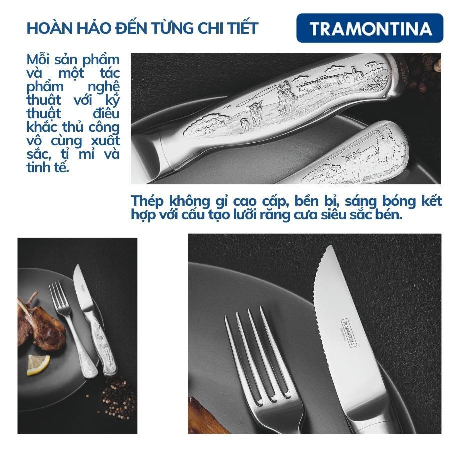 Bộ Dao Thìa Dĩa Chuyên Ăn Bít Tết, BBQ CLASSIC Thương Hiệu Tramontina Gồm 8 Món Khắc Họa Tiết Sang Trọng Cao Cấp Phục Vụ Bàn Ăn Cho 4 Người Nhập Khẩu Chính Hãng Brazil