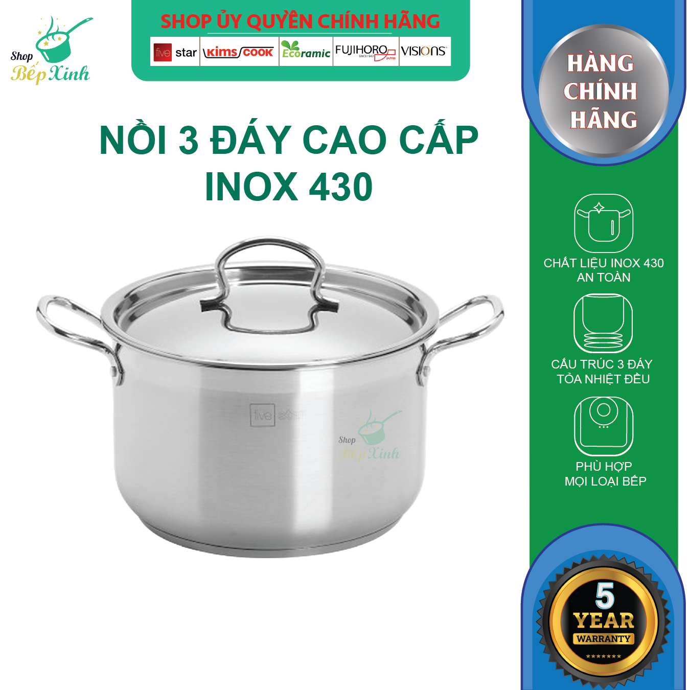 Nồi luộc gà inox 430 Fivestar N28-3D nắp inox , tặng 2 muỗng canh, 3 đáy bếp từ , gas, hồng ngoại