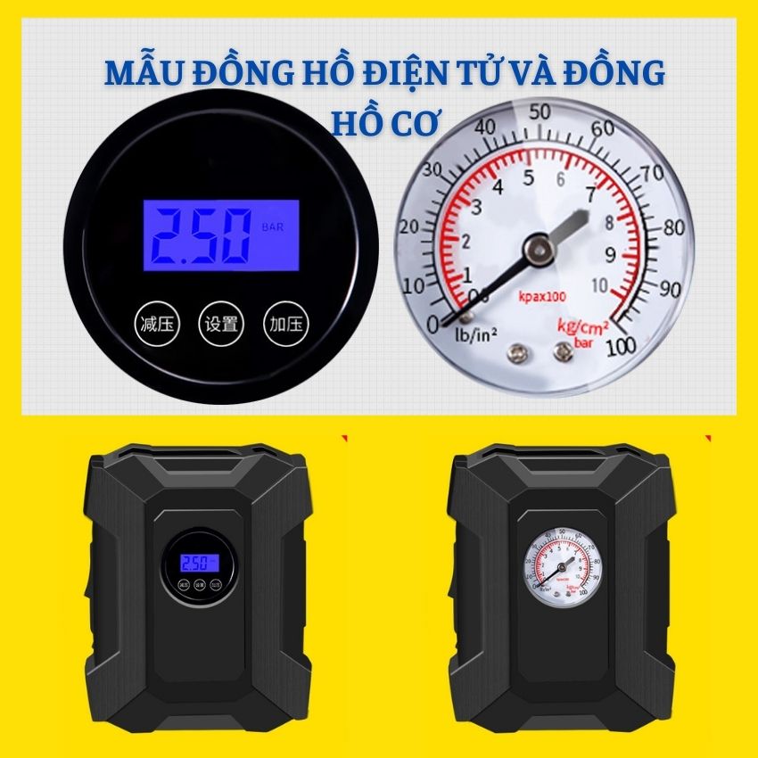 Bơm Lốp Ô Tô Mini 12v Tự Ngắt Đồng Hồ Điện Tử Hiển Thị Áp Suất Lốp