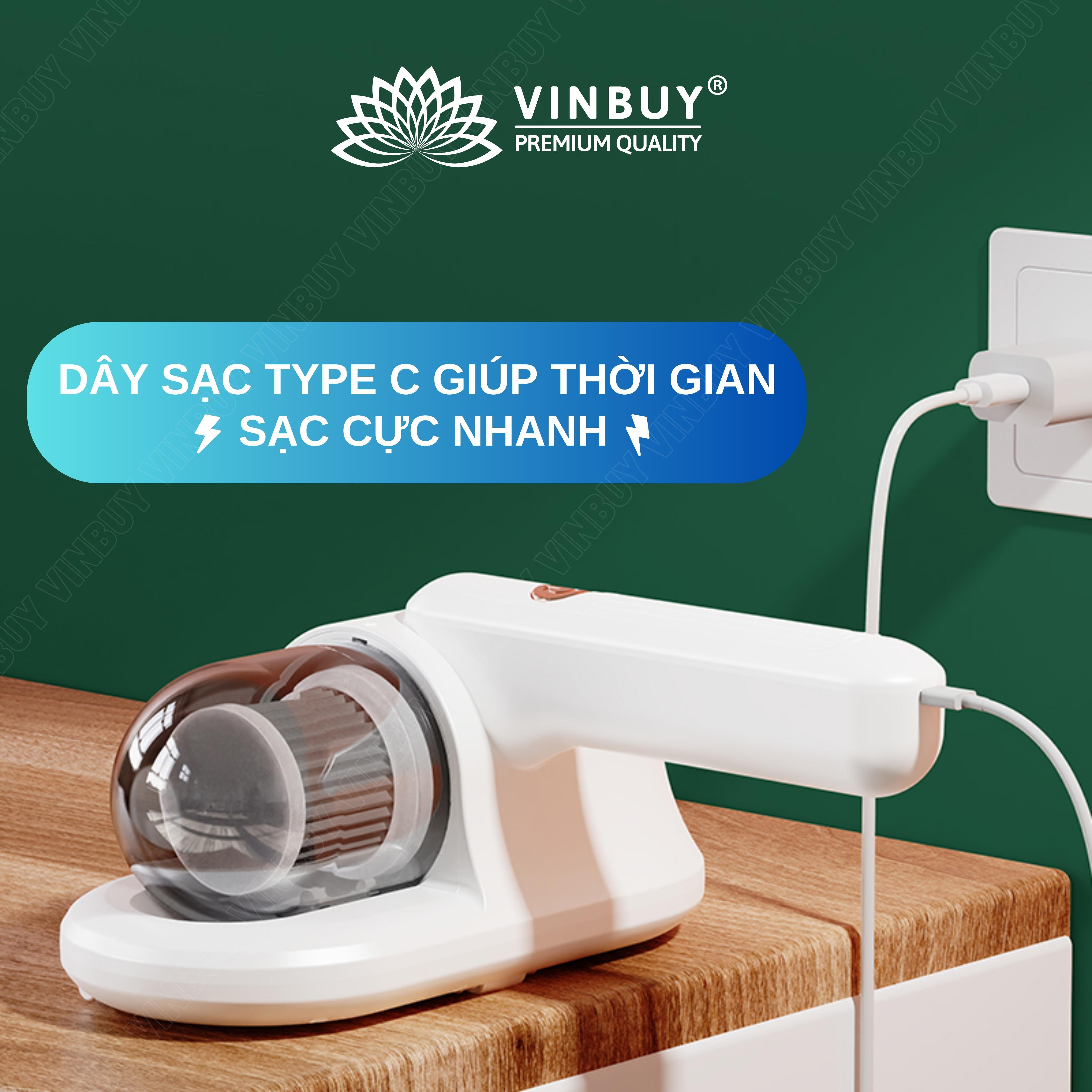 Máy hút bụi giường nệm cầm tay không dây VinBuy pin sạc tiện lợi kiểu dáng hiện đại diệt khuẩn đa tầng, đèn UV, lực hút mạnh 18000PA - Hàng chính hãng