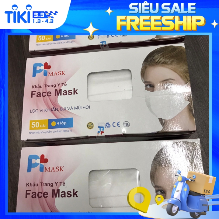 Bộ 3 Hộp Khẩu Trang Y Tế Kháng Khuẩn PTMask 4 Lớp Màu Trắng, Xanh, Xám - 50 Cái/Hộp.