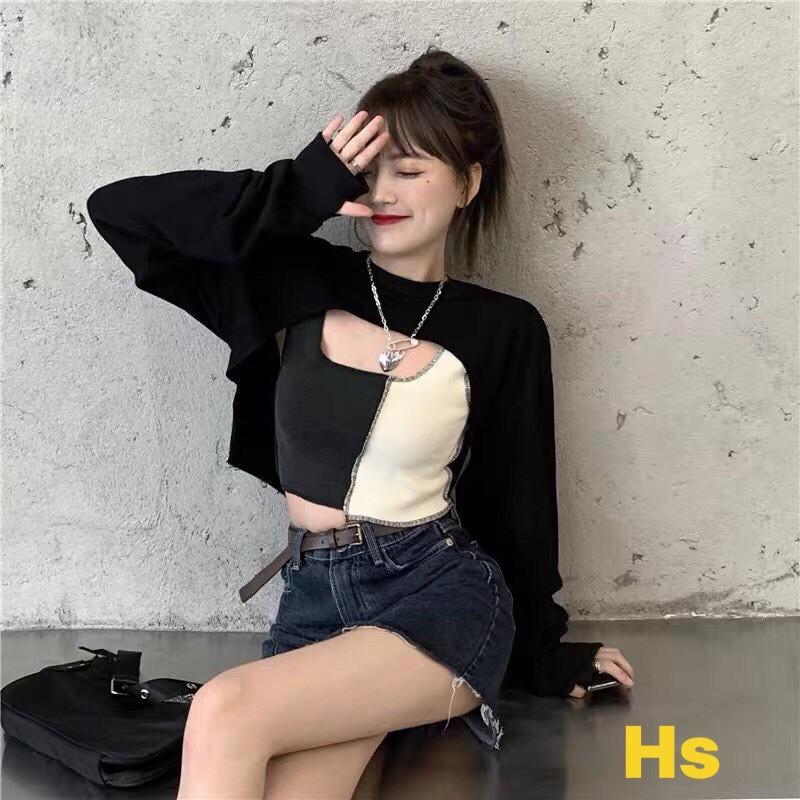 Bộ Áo Croptop Nữ Kèm Yếm Phối Màu Đen Trắng Siêu Xinh Set Áo Croptop Dài Tay Kèm Áo Trong 2 Màu So Hot