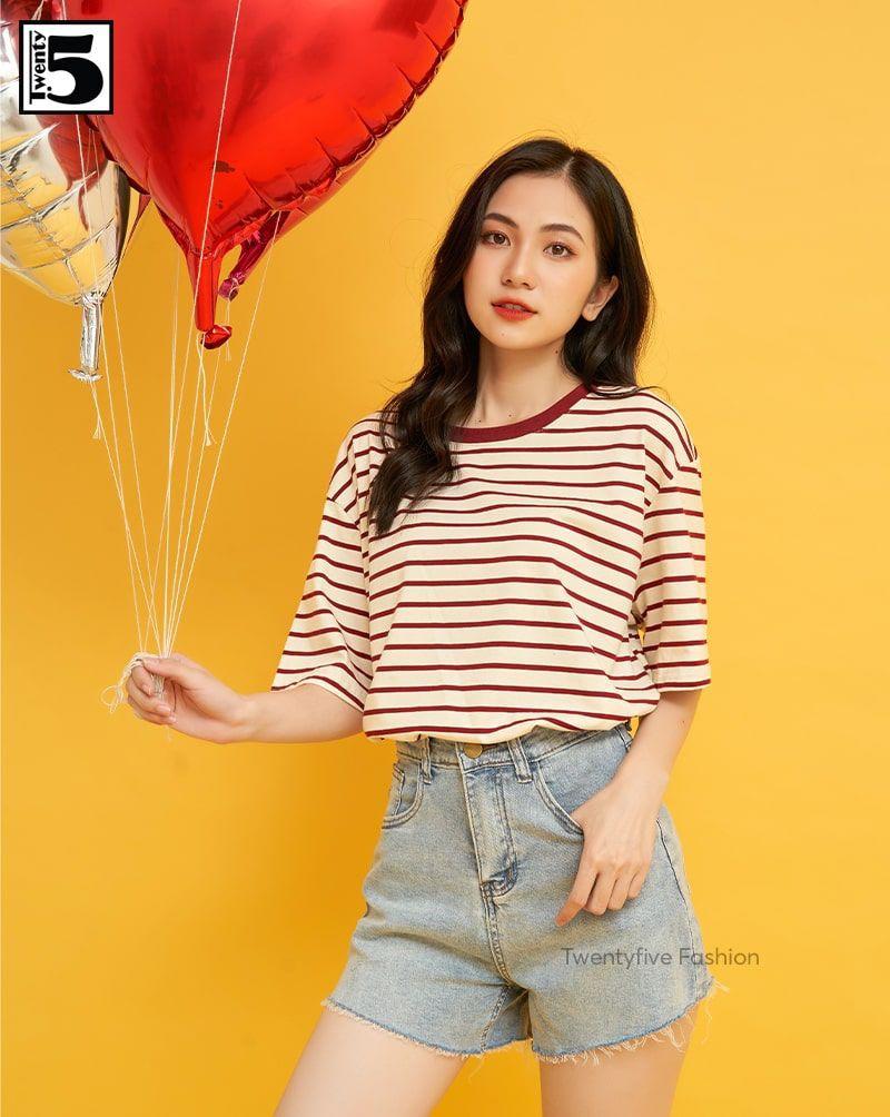 Áo thun nữ kẻ ngang, dáng rộng Twentyfive 3673
