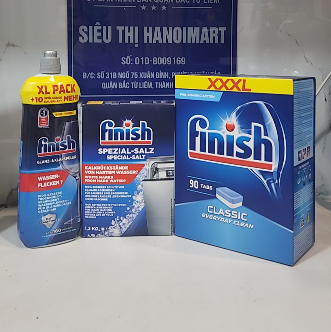 Combo Viên rửa bát fnish All in one 120 viên + Dung dịch nước làm bóng finish 750ml + Muối rửa bát chén finish 1.2kg cho Máy rửa bát chén ly