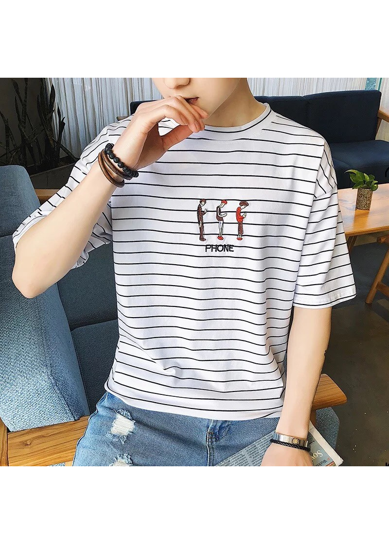 Áo thun tay lỡ unisex sọc Trắng R66
