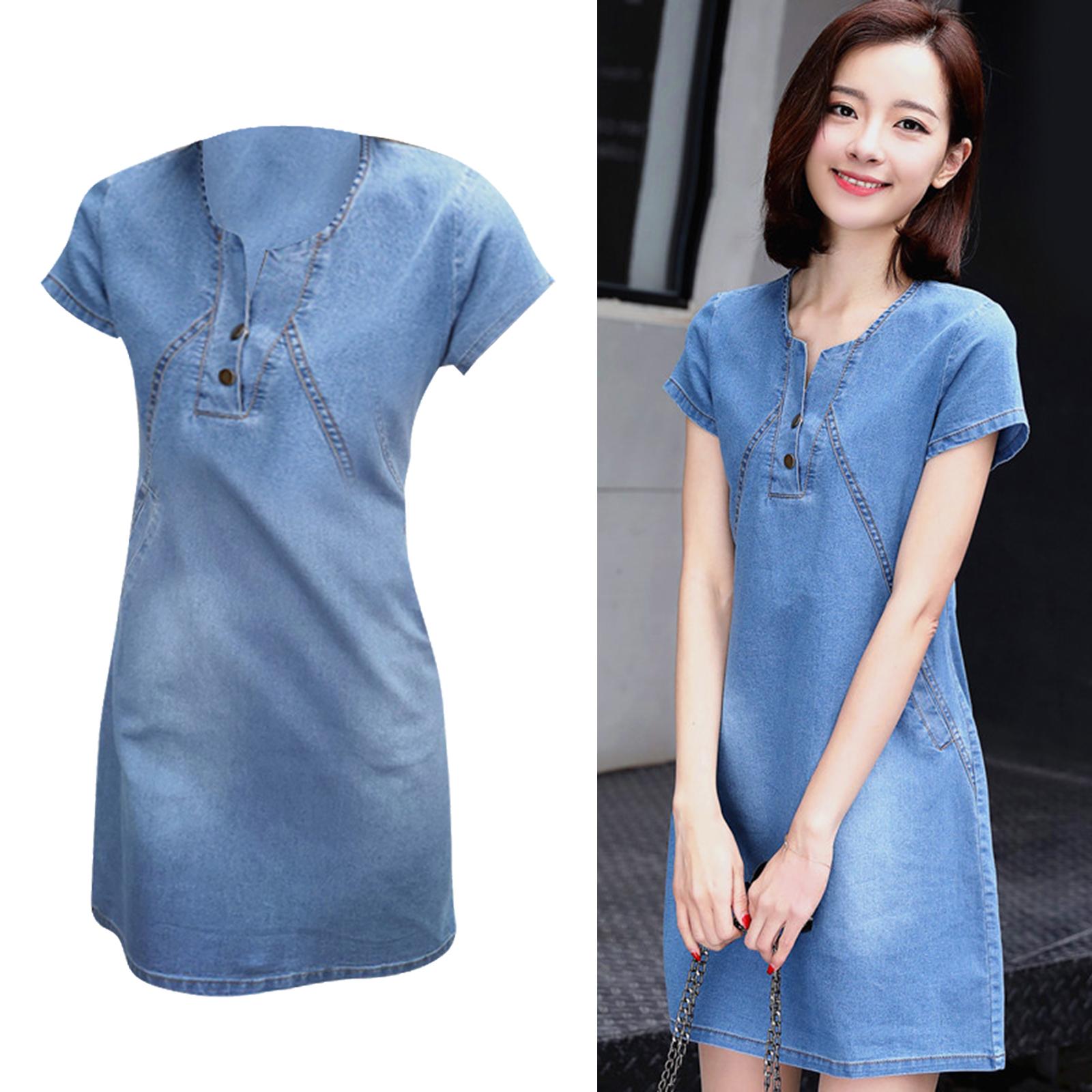 Womens  Denim Dress Spring Summer V Neck Slim Fit Skirt