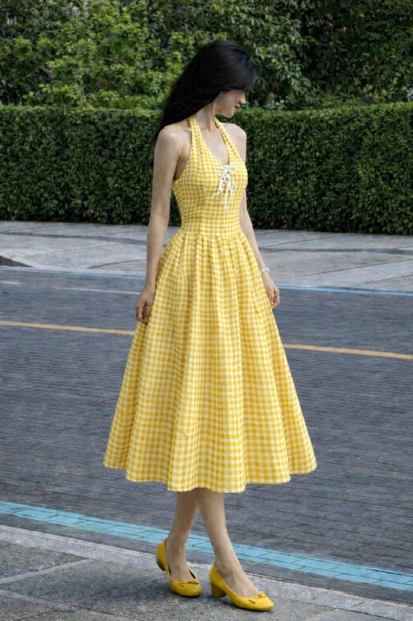 ĐẦM  MAXI CARO CỔ YẾM DÂY NƠ SIÊU XINH