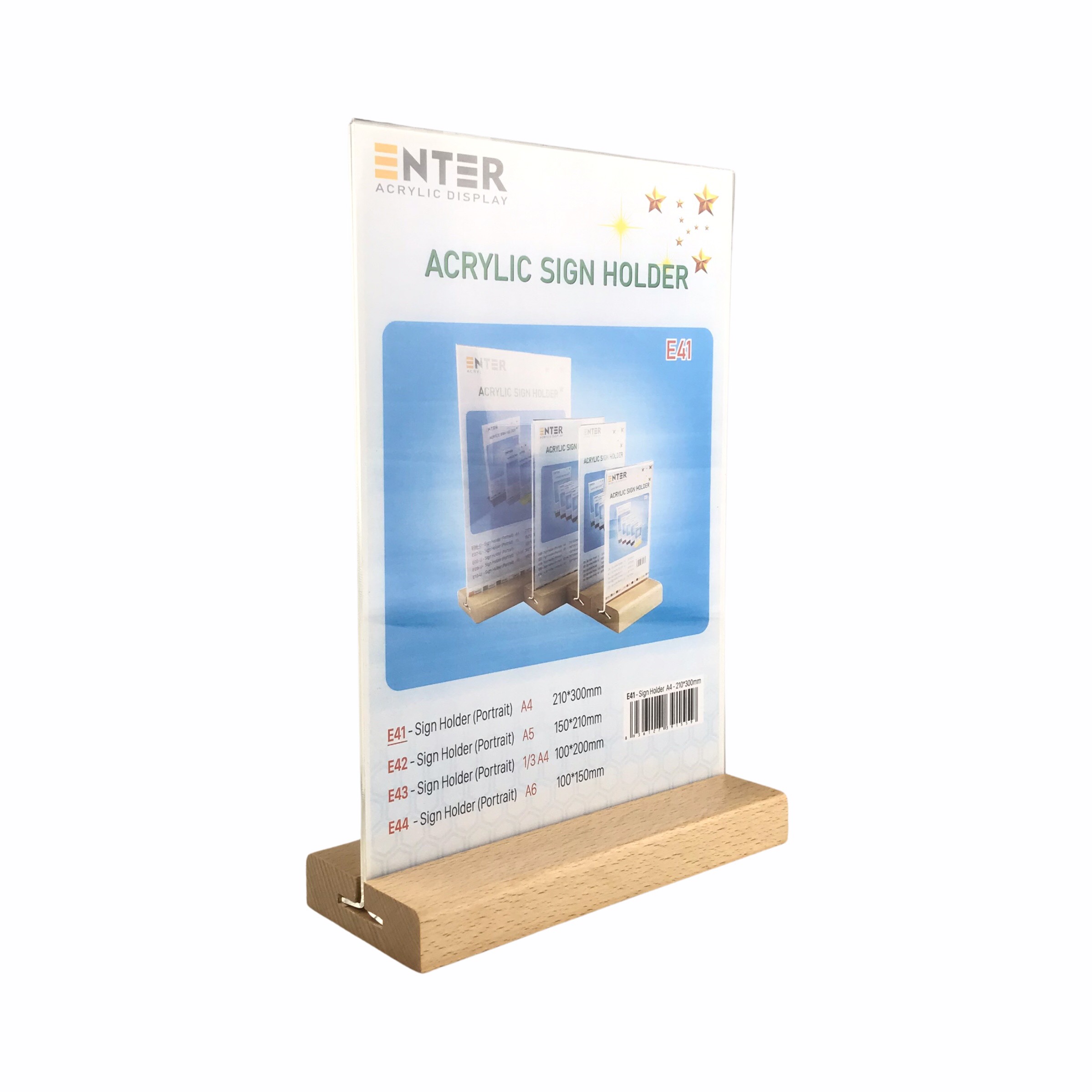 Kệ mica 2 mặt Enter E41 210x300mm đế gỗ A4 đứng, Kệ menu nhà hàng, Standee mica để bàn, Bảng quét mã QR Code