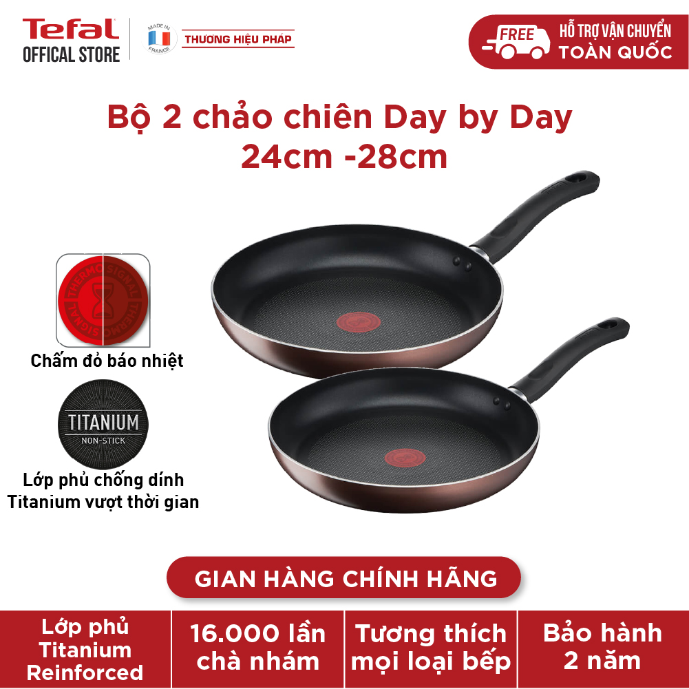 Bộ 2 chảo chiên chống dính đáy từ Tefal Day by Day dùng cho mọi loại bếp (24cm, 28cm) - Hàng chính hãng