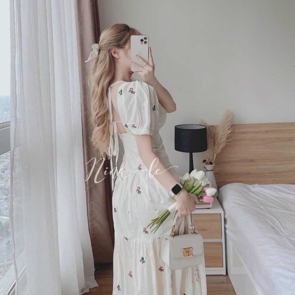 Đầm hoa midi lụa cổ tim tay phồng nhún tầng cột nơ lưng