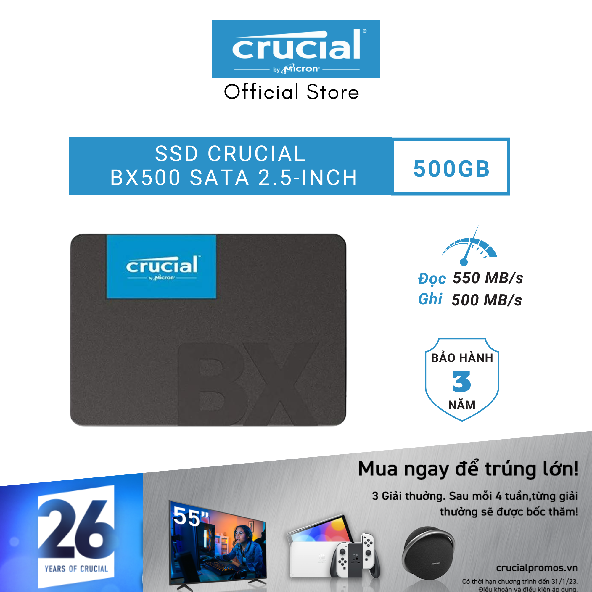 Ổ cứng SSD Crucial BX500 3D NAND 2.5-Inch SATA III 500GB - CT500BX500SSD1 - HÀNG CHÍNH HÃNG