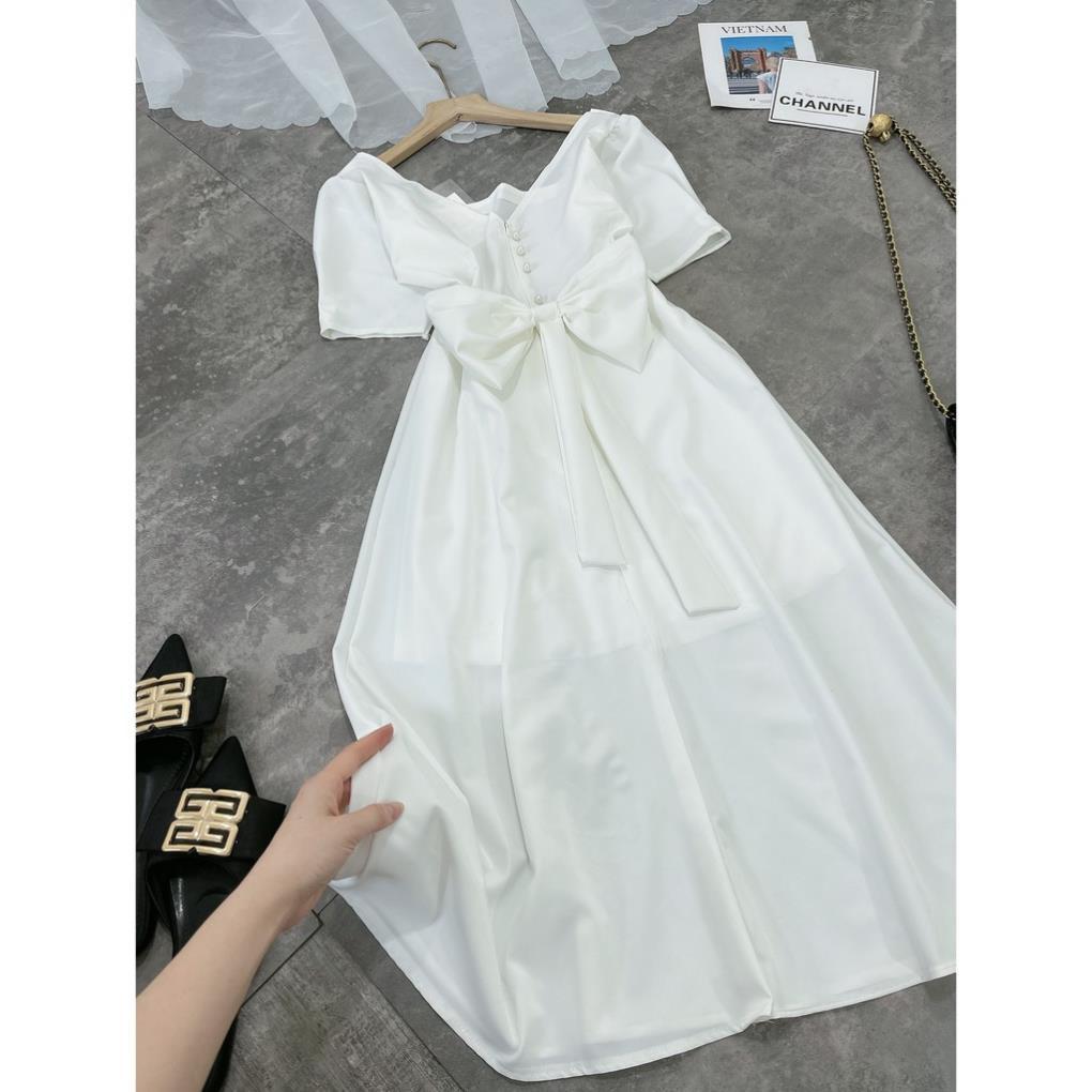 Siêu Phẩm Váy Trắng Cổ Vuông Nơ Lưng Cực Xinh Cho Các Chị Em Đi Cưới, Hỏi, Sinh Nhật...