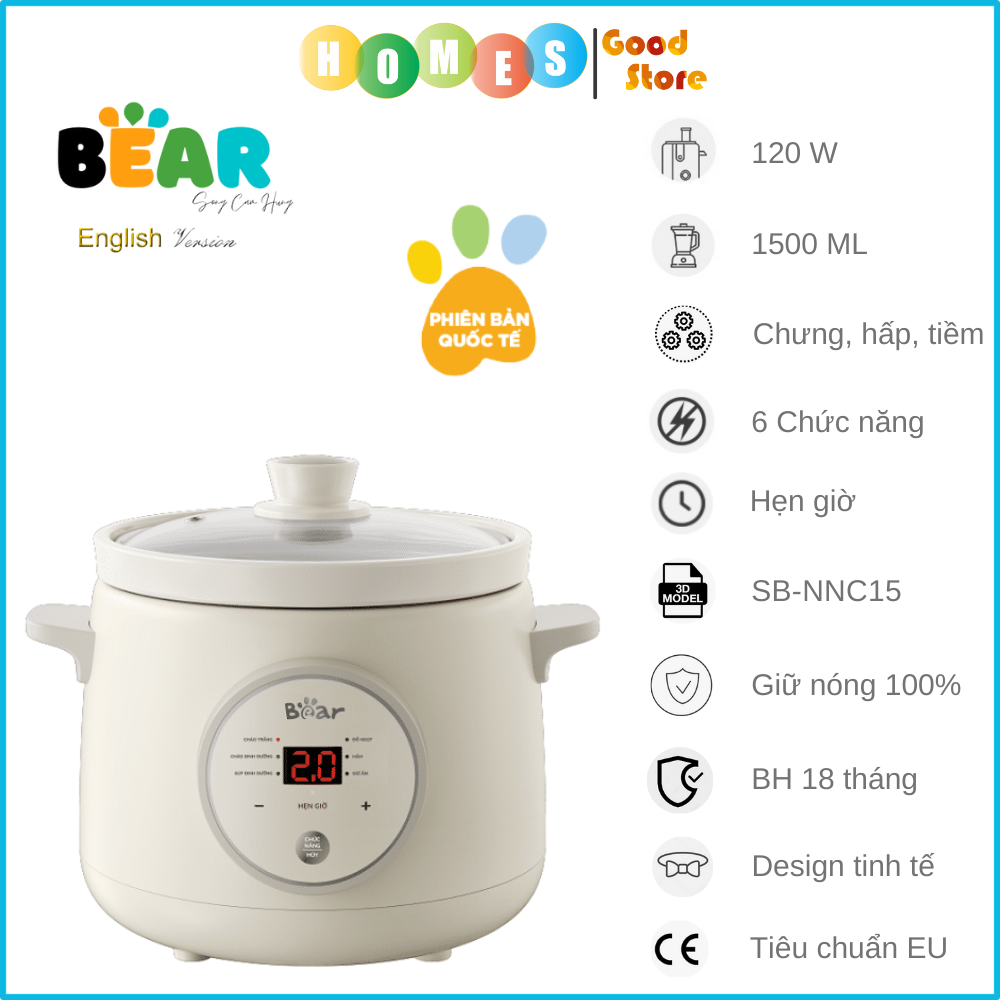 Nồi Chưng Yến Tiềm Thuốc Bắc Kho Cá Bear SB-NNC15 Gồm 6 Chức Năng Nấu Dung Tích 1.5 Lít Công Suất 120 W - Hàng Chính Hãng