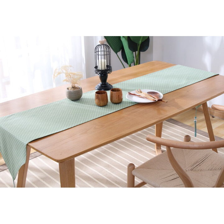 Khăn trải bàn table runner vải bố - Chấm bi xanh lá mạ - mẫu C04