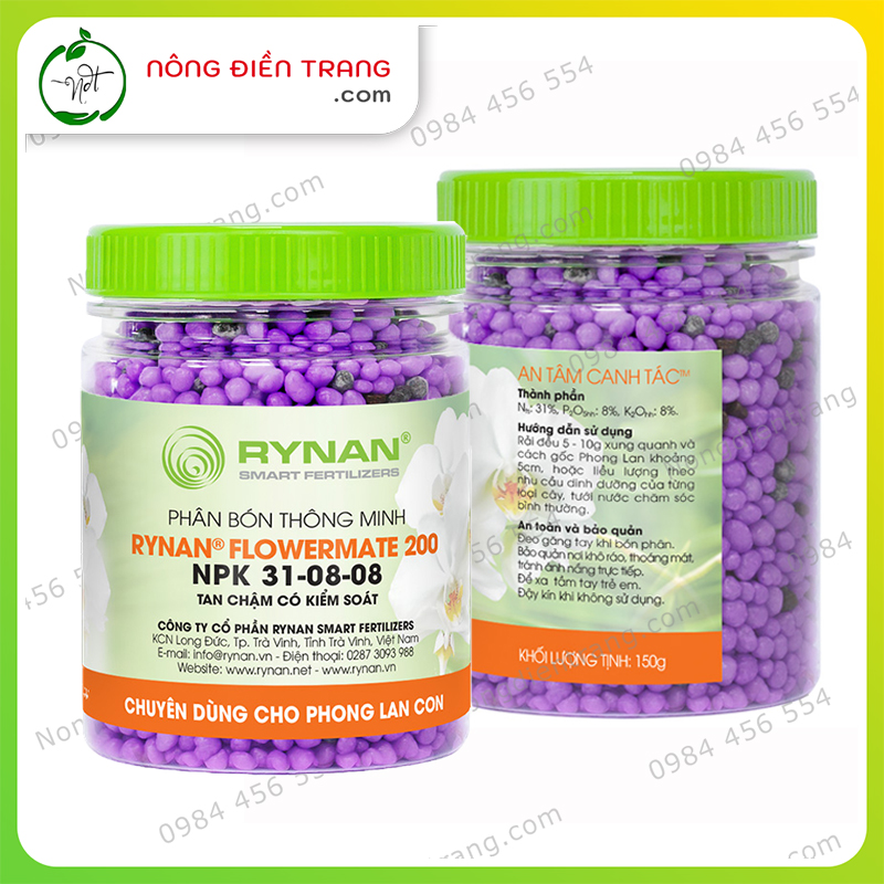 Phân bón thông minh tan chậm RYNAN 200 - Hộp 150g - Chuyên dùng cho hoa lan kích mọc mầm, đâm chồi, ra lá giai đoạn cây con, cây trưởng thành VTNN Nông Điền Trang