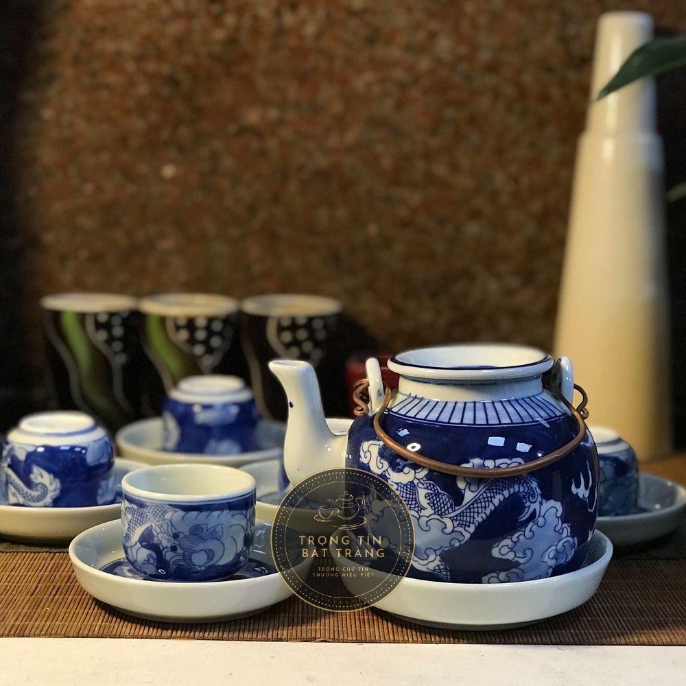 Bộ Ấm Chén Trà Đạo Gốm Trắng Men Lam Bát Tràng Long Ẩn Dáng Biến Trúc Đề Lương Dung Tích 480ml ATA 22
