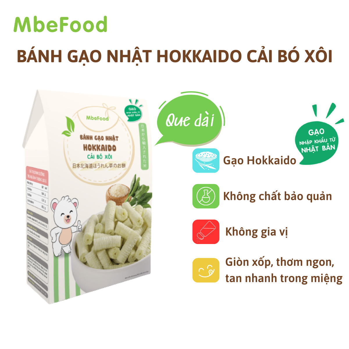Bánh ăn dặm cho bé MBEFOOD Bánh gạo Nhật Hokkaido cải bó xôi que dài