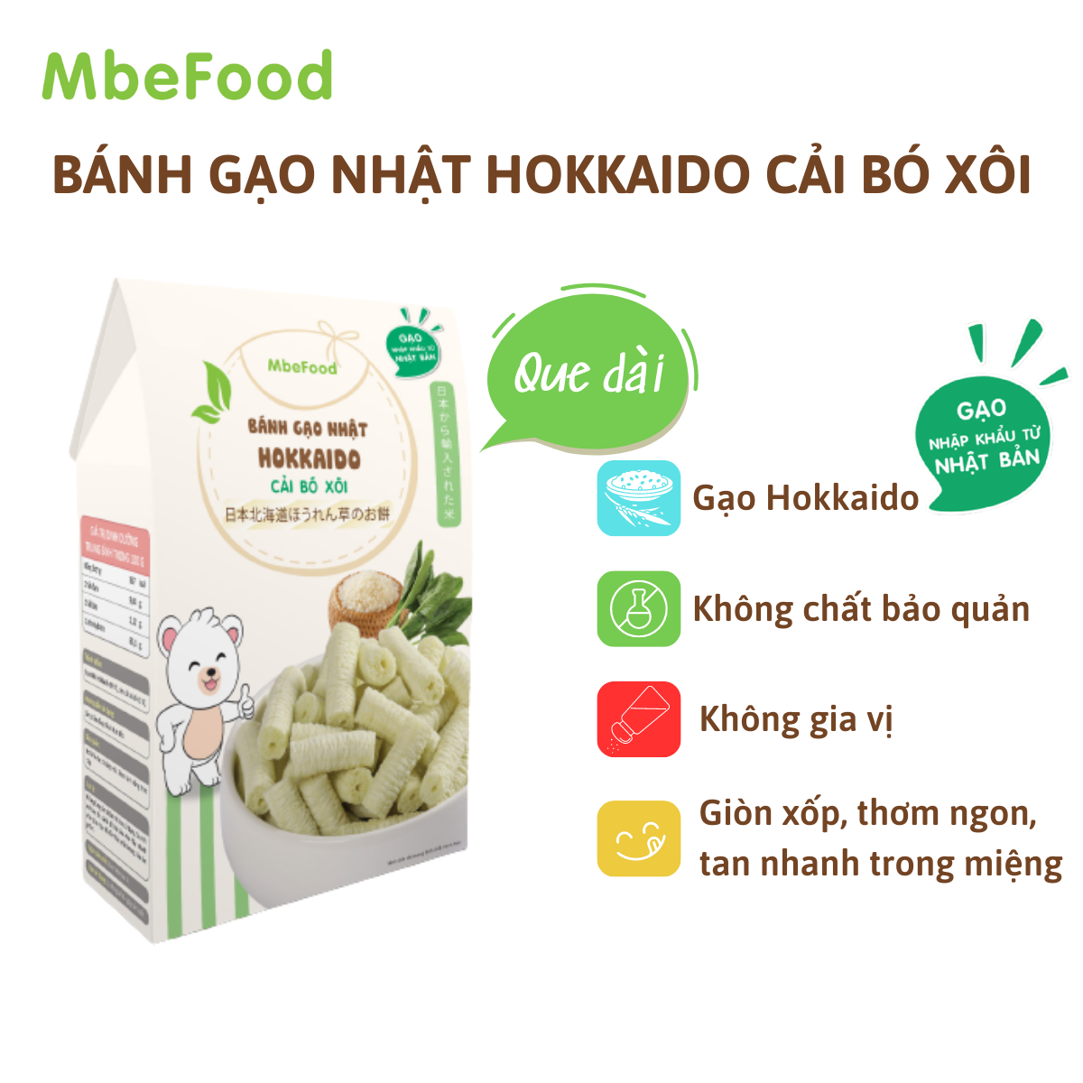 Bánh ăn dặm cho bé MBEFOOD Bánh gạo Nhật Hokkaido cải bó xôi que dài (Hộp 2 gói x 5g)