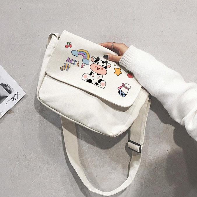 Túi Tote Đeo Chéo Vải Canvas Bò Sữa Phong Cách Ulzzang