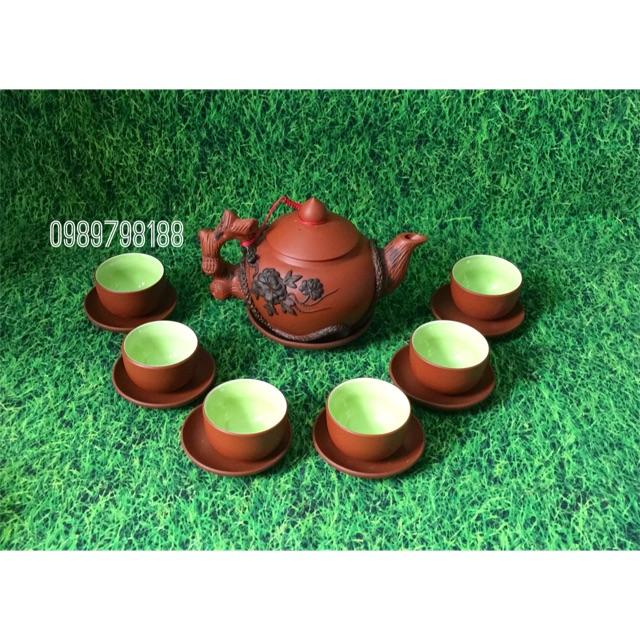 Bộ ấm chén tử sa phù dung đắp nổi Gốm sứ Bát Tràng cao cấp