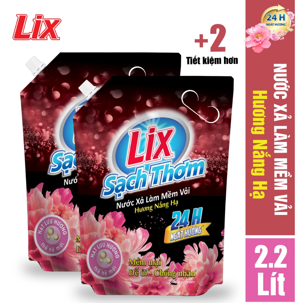 COMBO 2 túi nước xả vải Lix sạch thơm hương nắng hạ (2 túi x 2.2 lít) L17602