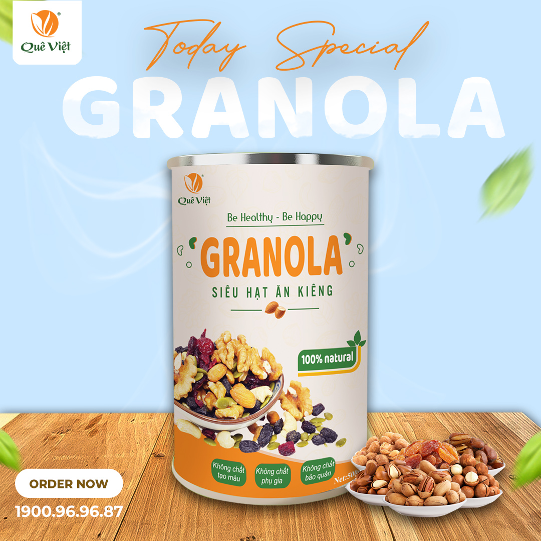 Granola siêu hạt ngũ cốc ăn kiêng Quê Việt, nguyên liệu hữu cơ – 1 hộp x 500g