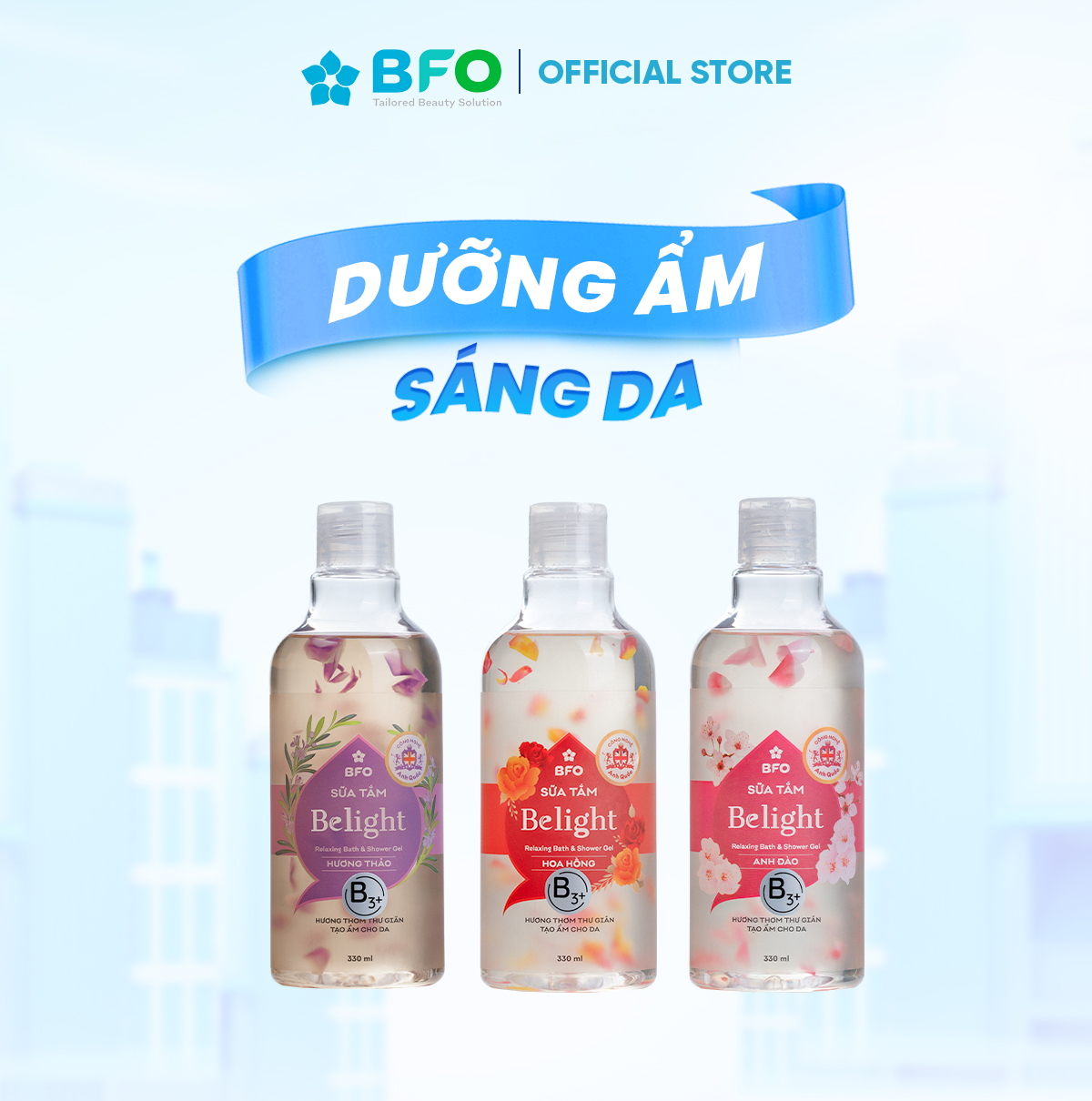 Sữa Tắm Cánh Hoa Công Nghệ Anh Quốc Belight Dưỡng Ẩm Sáng Da Tinh Dầu Hoa Oải Hương/ Hoa Anh Đào/ Hoa Hồng330ml