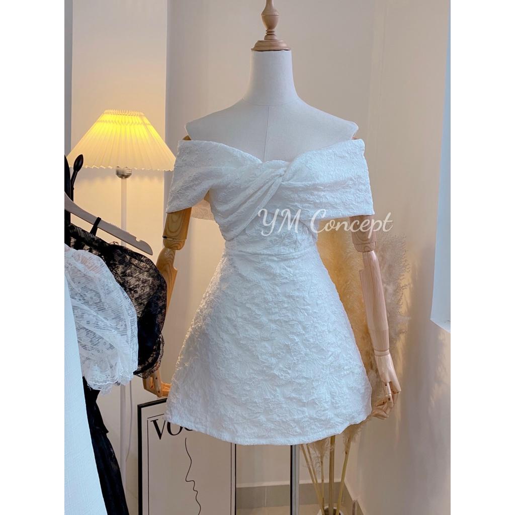 Đầm Gấm Bẹt Vai Nơ Xoắn - YUME Y0610