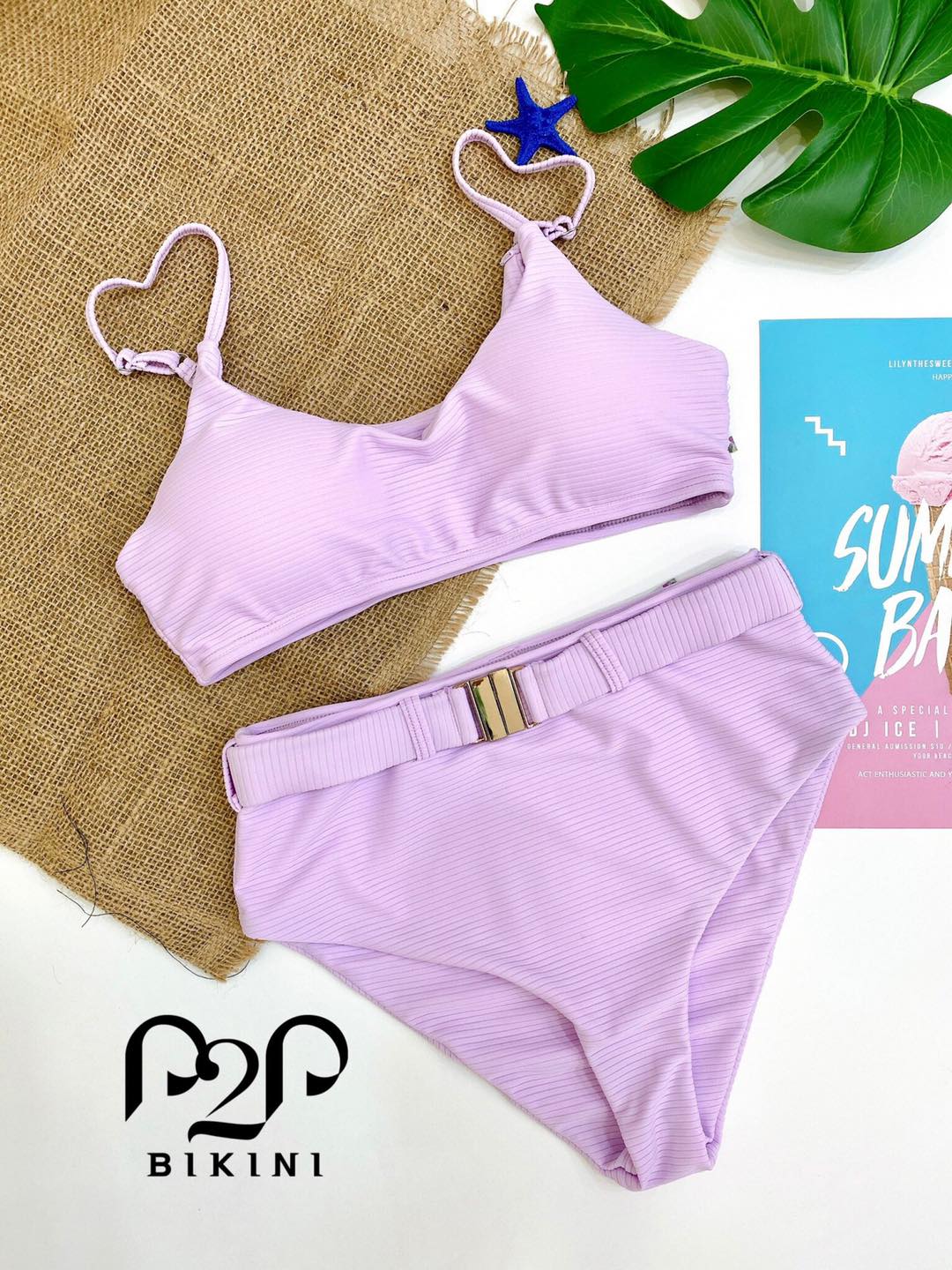 P2P BIKINI - Bikini hai mảnh áo mút hai dây, quần phối khoen lưng cao tím pastel - BTK370M_LC3
