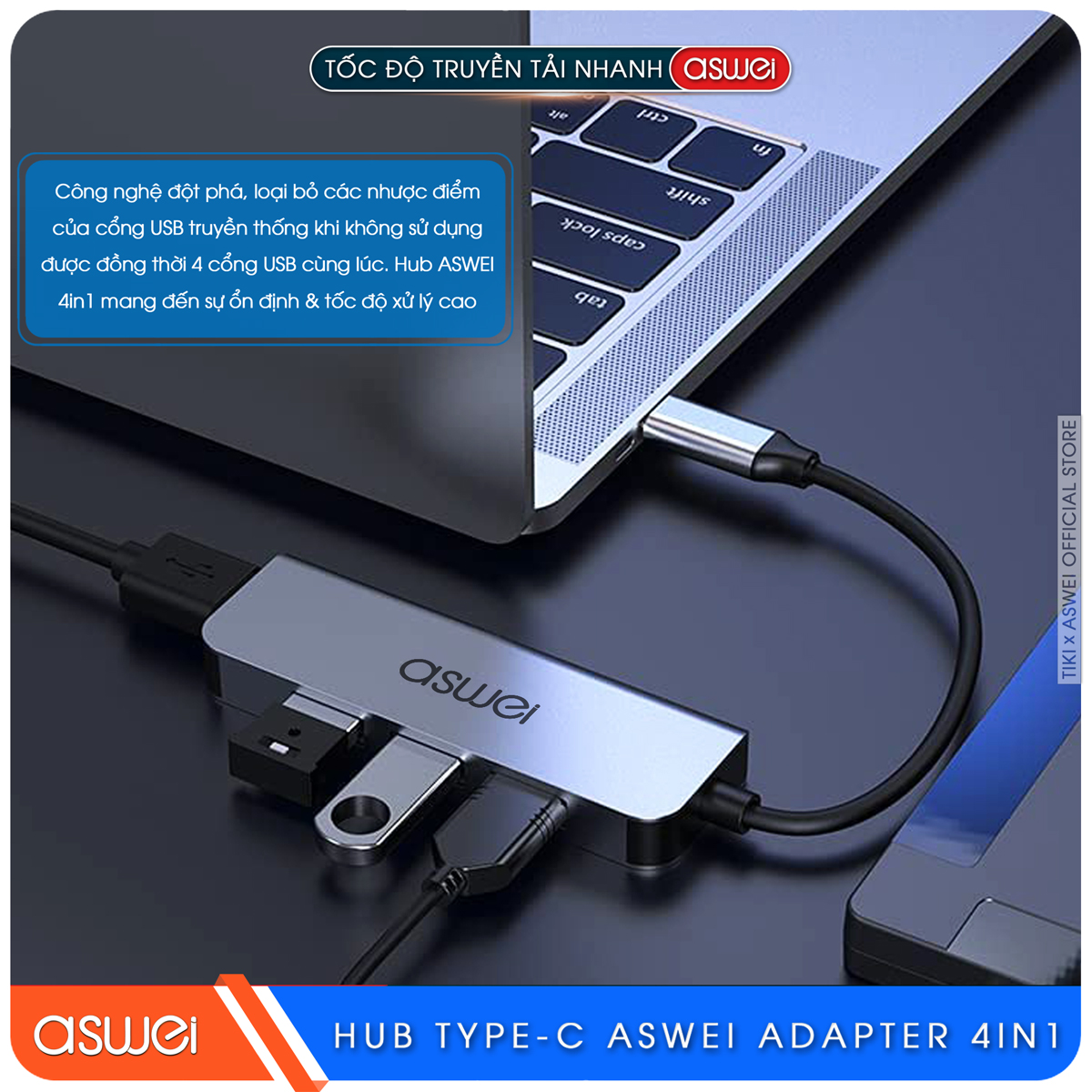 Hub Type C Và Hub USB 3.0 ASWEI 4 in 1 To 4 USB 3.0 - Hàng Chính Hãng