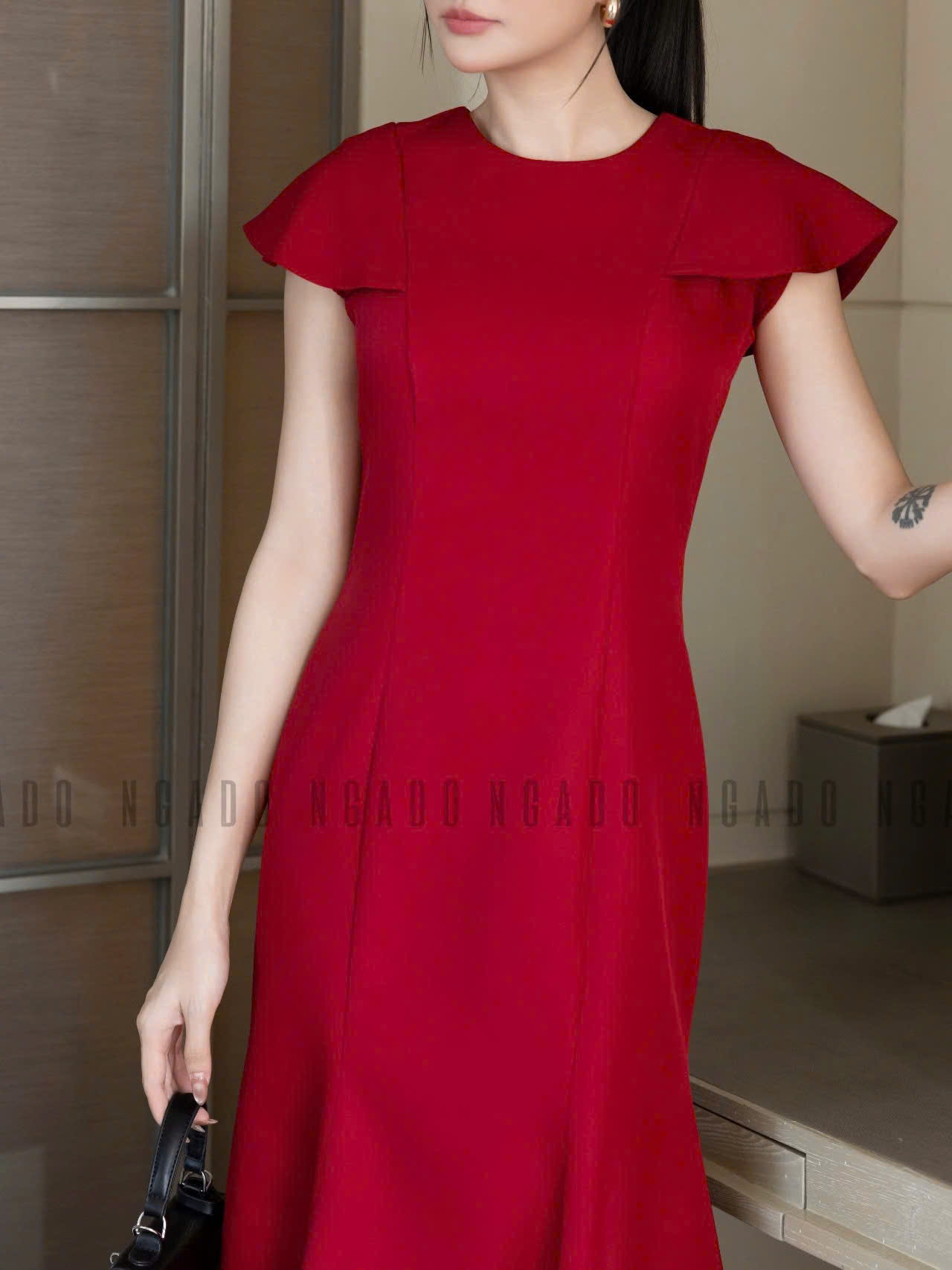 Đầm đỏ đuôi cá ngắn tay NGADO , đầm nữ , Đầm dự tiệc sang chảnh