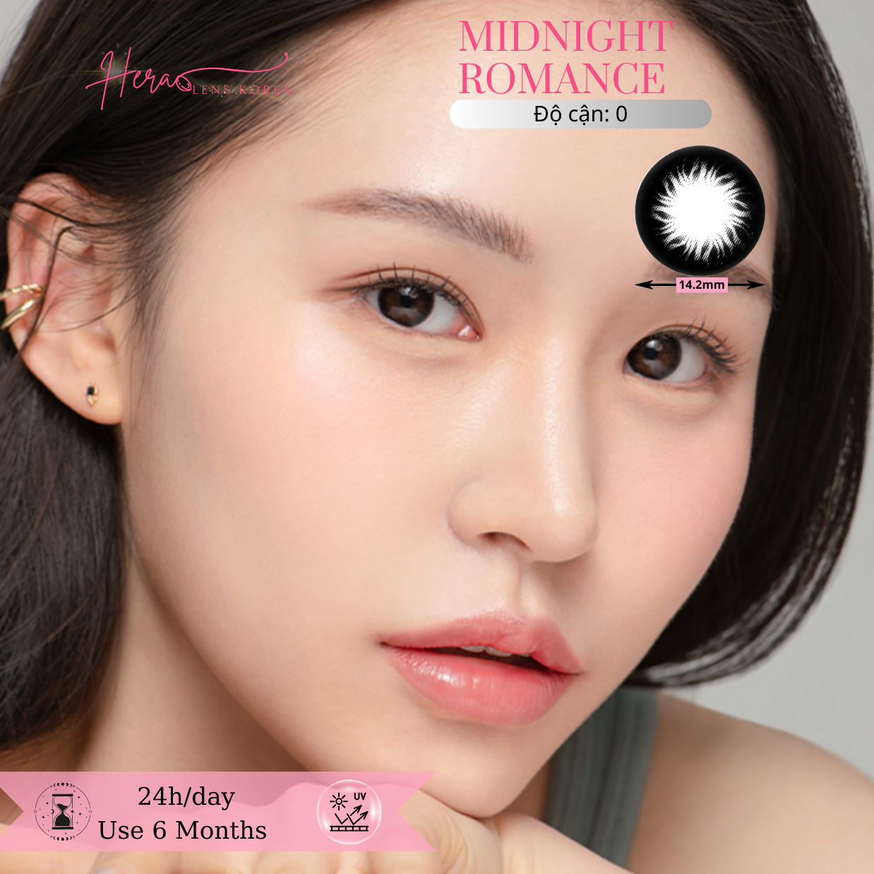 Kính Áp Tròng Hera Đen Trăng Non Không Độ MIDNIGHT ROMANCE Nhập Khẩu Hàn Quốc Lens Không Cận 6 Tháng