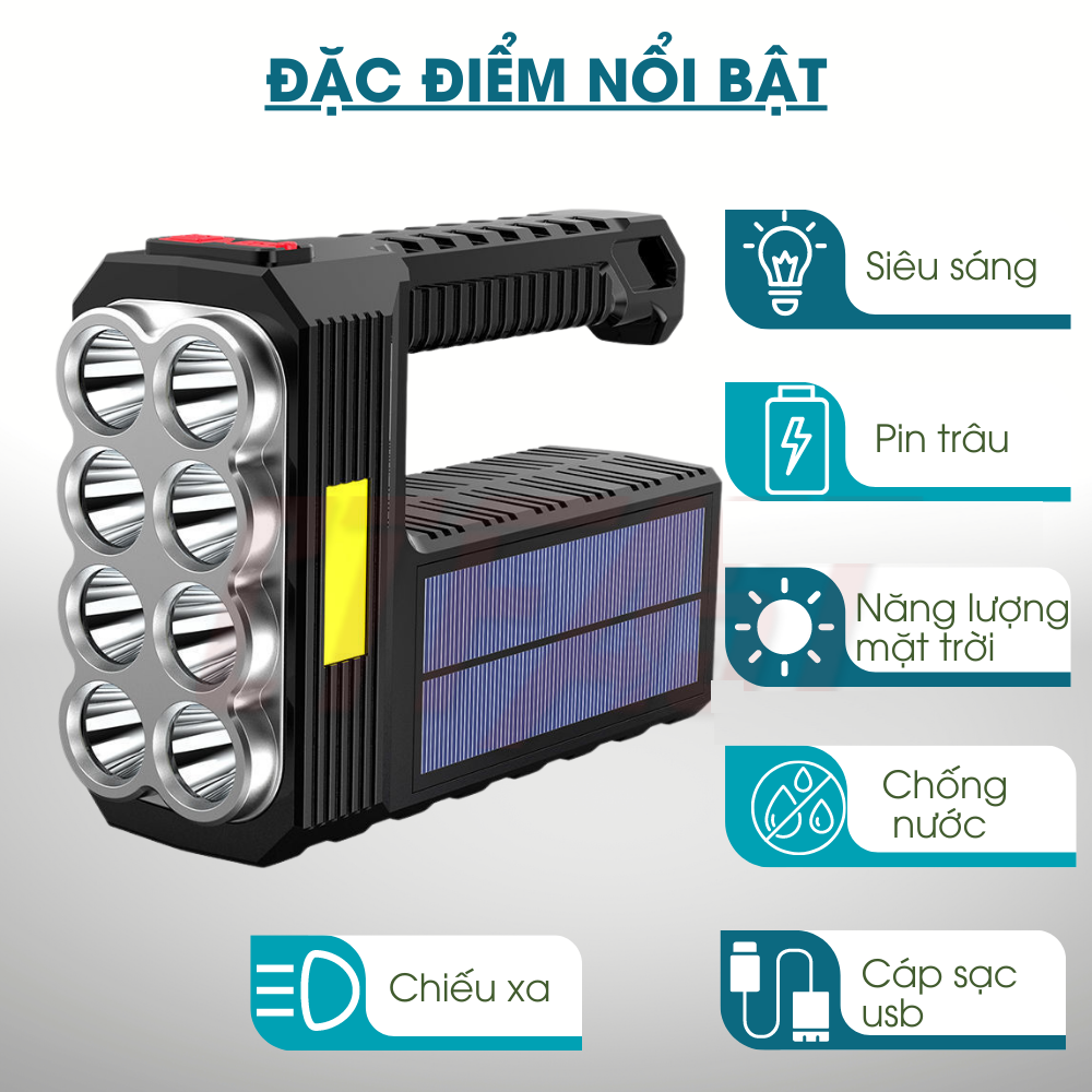 Đèn Pin Cầm Tay Siêu Sáng 4 Chế Độ Chống Thấm Nước, Cổng Sạc USB Kết Hợp Năng Lượng Mặt Trời - Hàng Chính Hãng