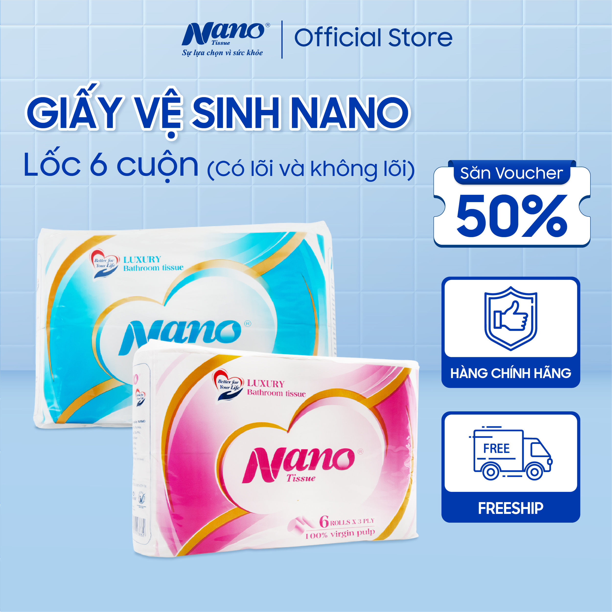 Giấy vệ sinh Nano 6 cuộn có lõi, giấy 3 lớp dày dặn tiết kiệm, an toàn khi sử dụng - Nano Tissue