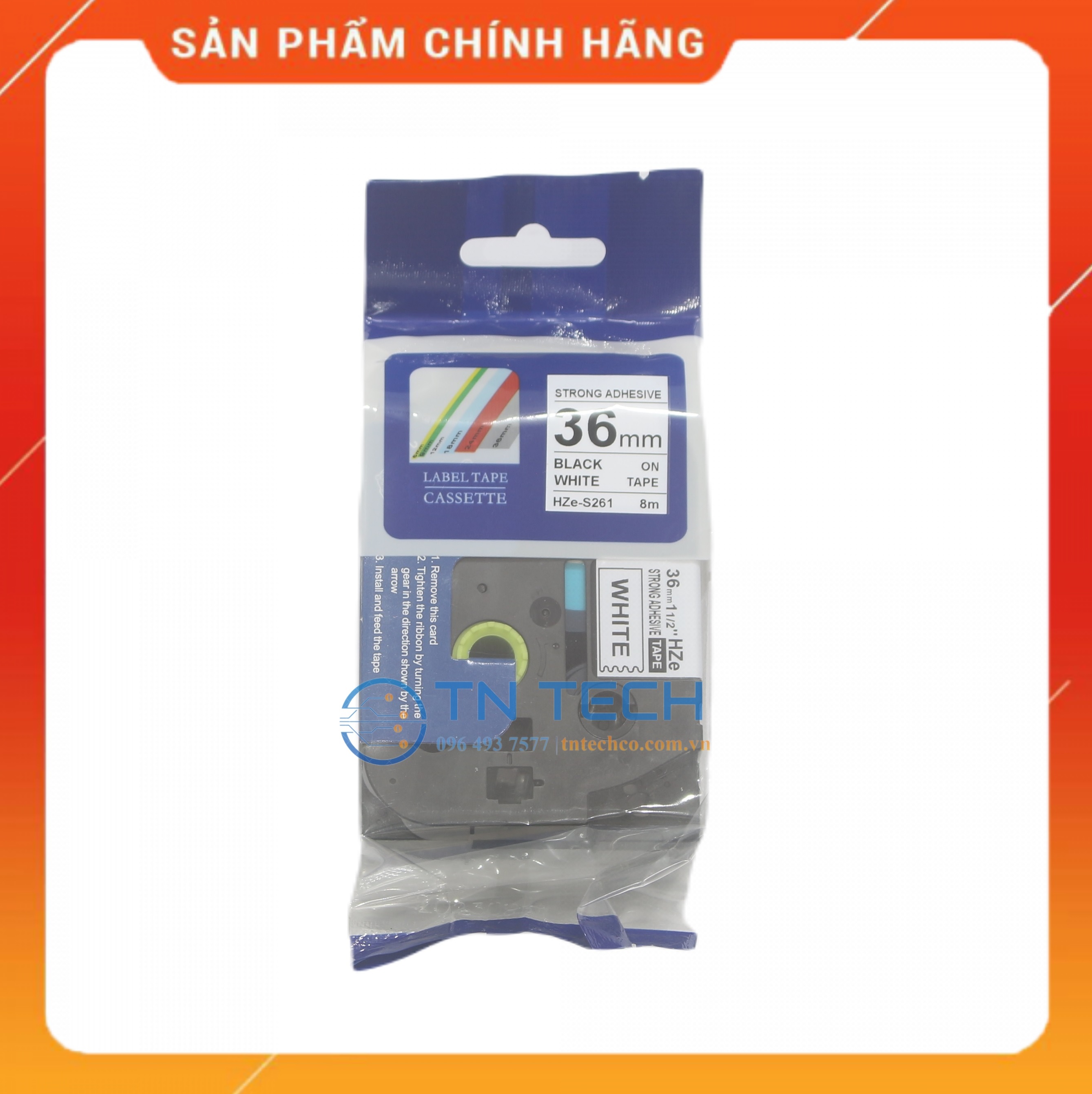 Nhãn In HZE-S261 - Đen nền trắng 36mm x 8m - Dùng cho máy in BROTHER - AIMO - PUTY [Hàng nhập khẩu]