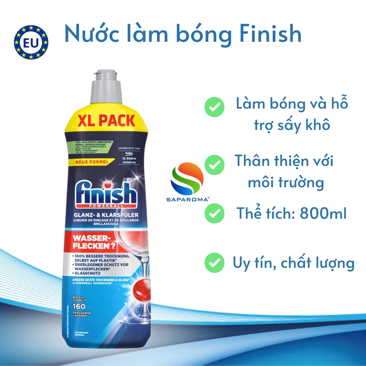 Nước làm bóng Finish 800ml, chuyên dùng cho máy rửa bát, chất trợ xả cao cấp