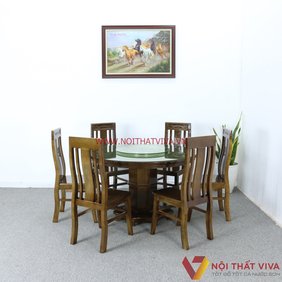 Bộ Bàn Ăn Tròn Mâm Xoay Gỗ Sồi Màu Óc Chó 6 Ghế Đẹp Giá Rẻ
