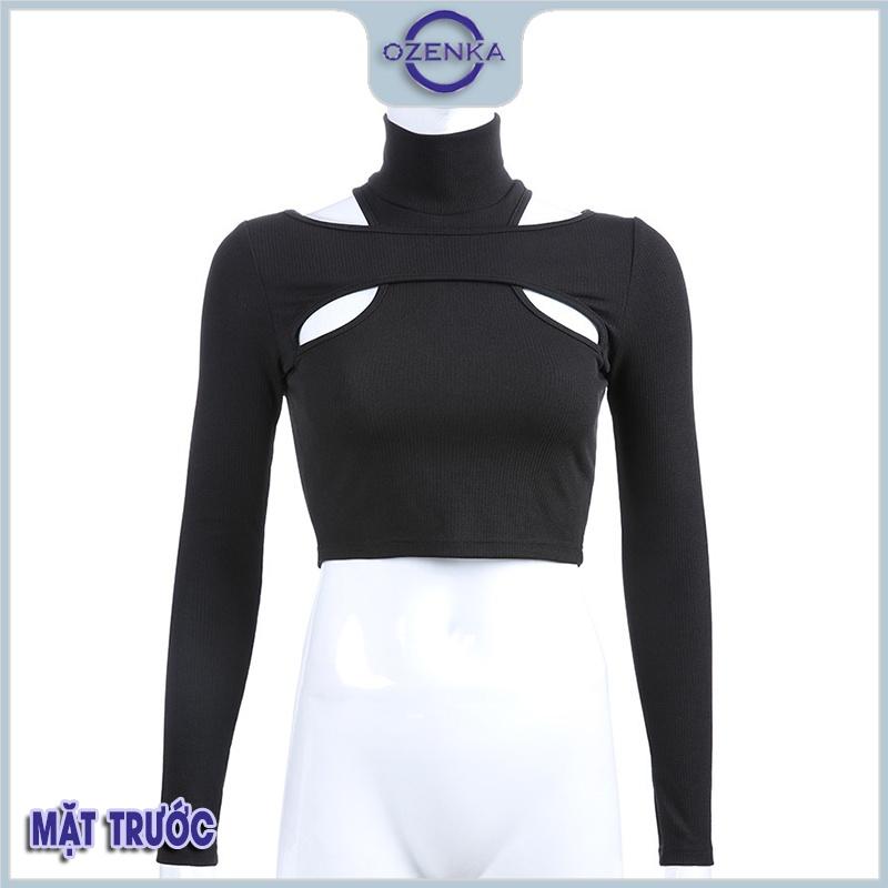 Áo croptop tay dài cổ cao hở vai ôm nữ OZENKA , áo crt kiểu hàn quốc 100% cotton đen trắng dưới 55 kg