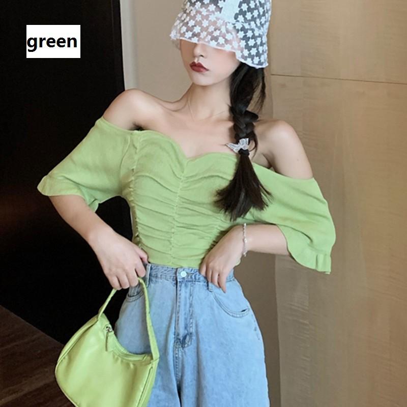 Áo Thun Dệt Kim Tay Ngắn Cổ Vuông Màu Trơn Xinh Xắn Cho Nữ