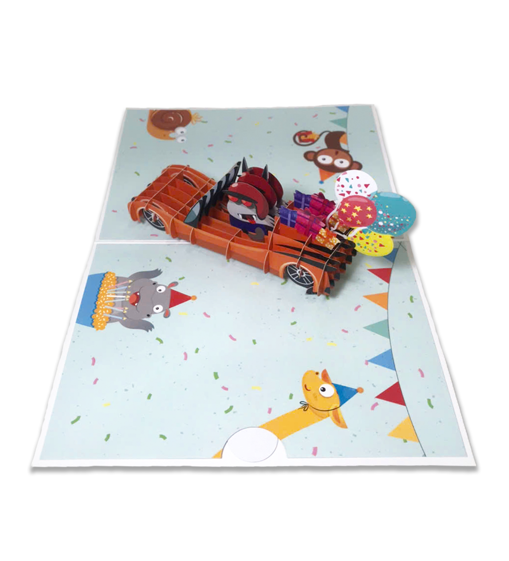 B30 -  Thiệp 3D Sói Xám Lái Xe Ô Tô Sinh Nhật – Pop Up Birthday Car – Viethands Giftshop