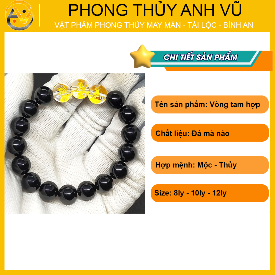 Vòng tay mã não đen tam hợp dần ngọ tuất - size 8 10 12ly cho người mệnh thủy, mệnh mộc - có khai quang điểm nhãn may mắn tài lộc - bảo hành 12 tháng - PHONG THỦY ANH VŨ
