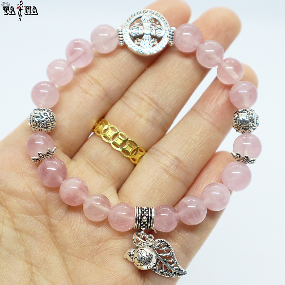 Vòng đá thạch anh hồng 8mm 4A charm bạc 925 cao cấp