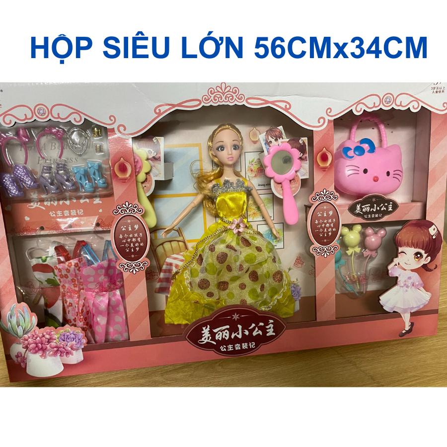 Búp bê công chúa, búp bê barbie hộp siêu lớn 56x34cm gồm 03 váy, 03 giày, trang sức và phụ kiện cho bé gái