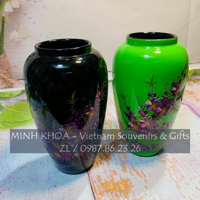 Bình Sơn Mài Lọ Hoa Quả Bầu Vẽ Hoa Đào Cẩn Trứng 17 cm - Vietnamese Lacquer Vase