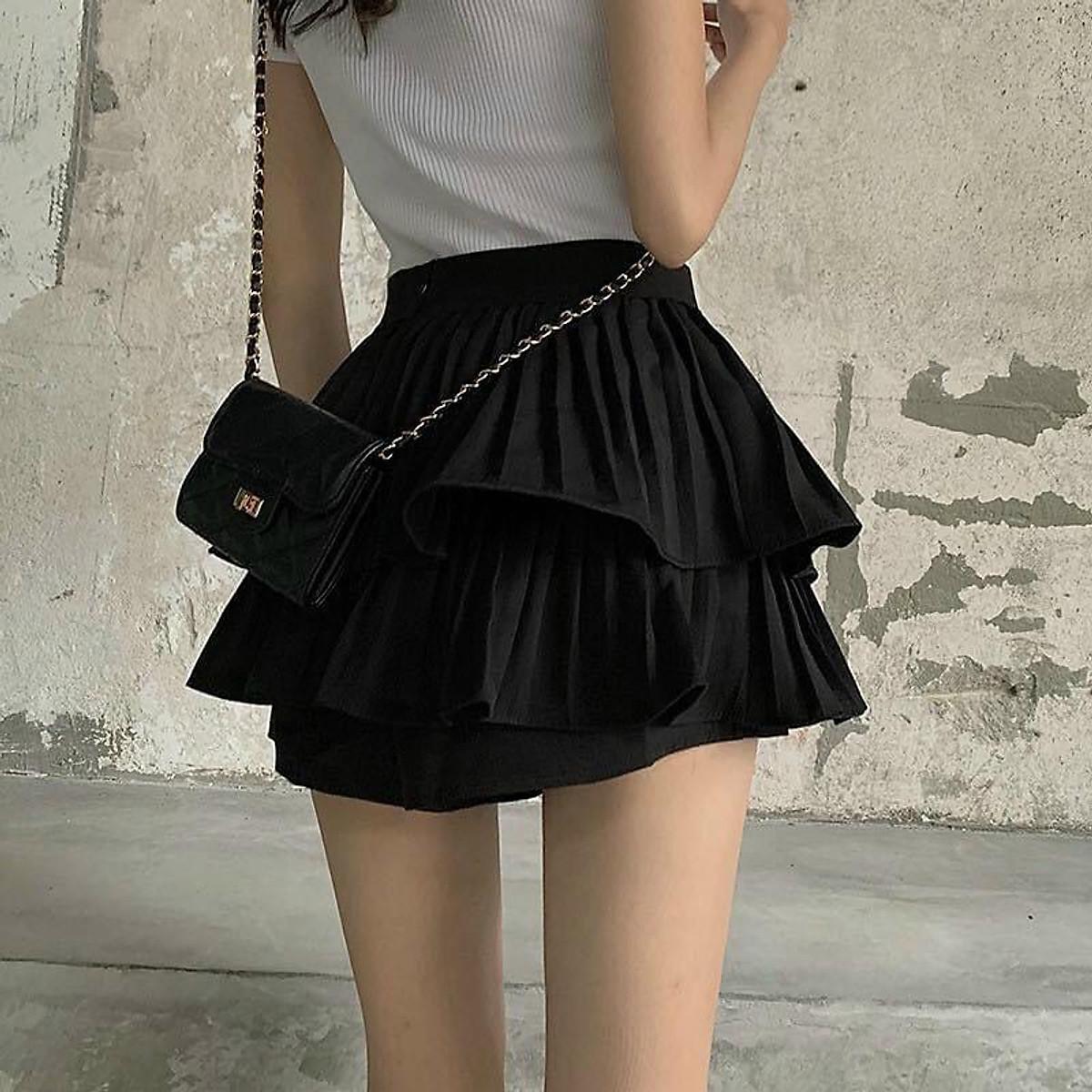 Chân váy 2 tầng lưng cao tuyết mưa 1 size màu đen cho nữ từ 45kg đến 50kg kiểu dáng cá tính thời trang